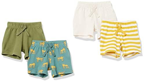 Amazon Essentials Unisex Babies' Cotton Pull-On Shorts, Pack of 4, Ecru/Olive/Washed Teal Green Big Cats/Yellow Stripe, 0-3 Months