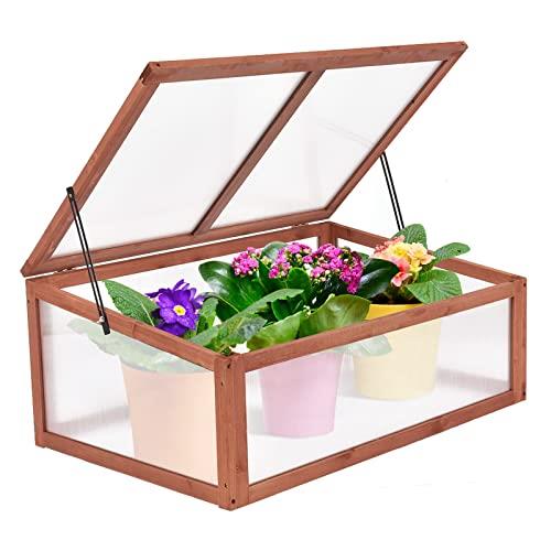 Giantex Mini Greenhouse Cold Frame, Portable Wooden Green House with Open Roofs and PC Panels for Flowers Plants, Outdoor Garden Raised Plants Protection for Garden, Balcony and Terrace