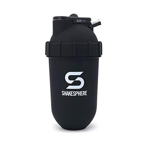 ShakeSphere Protein Shaker Bottle, 24oz Capsule Shape Mixing Easy Clean Up No Blending Ball or Whisk Needed BPA Free Mix & Drink Shakes, Smoothies, More (Matte Black-White Logo)