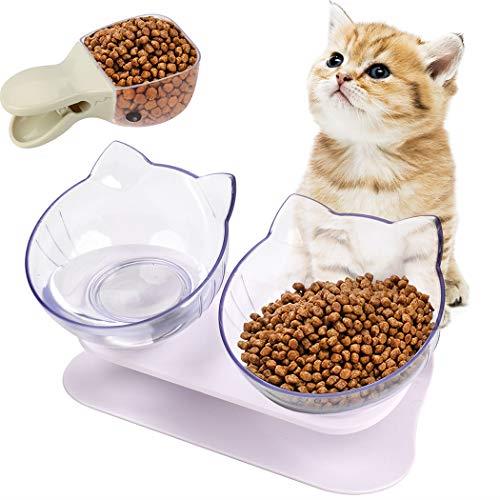 Cat Bowls ,15°Tilted Platform Double Bowl Cat Feeder Cat Feeding Bowl Raised with Stand , Anti-skid&Anti-spill , Durable , Adjustable Pet Food Water Bowl for Cats and Small Dogs