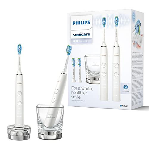 Philips Sonicare DiamondClean 9000 Electric Toothbrush Twin Pack - 2 Sonic Toothbrushes, 1 x Charging Glass, 4 x Premium Brush Heads, New Generation, White & White (Model: HX9914/62)