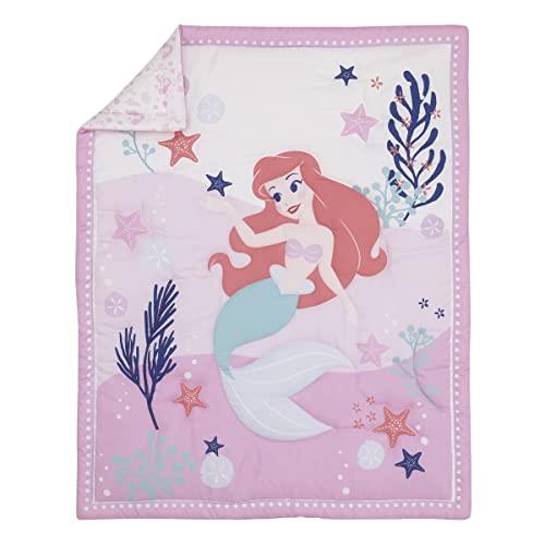 Disney The Little Mermaid Ariel Cute by Nature White & Pink Star Fish & Coral Reef 3Piece Nursery Mini Crib Bedding Set - Comforter & Two Fitted Mini Crib Sheets, Pink, Aqua, Lavender, White
