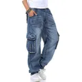 Yeokou Men's Loose Hip Hop Denim Work Pants Jeans with Cargo Pockets 42 Light Blue