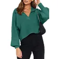 CHYRII Women Overized Puff Long Sleeve V Neck Knitted Polo Pullover Sweater Jumper Tops, Dark Green, Medium