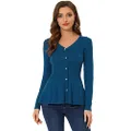 Allegra K Women's V Neck Long Sleeve Ribbed Pullover Knitted Peplum Top Denim Blue X-Small