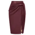 Kate Kasin Women's Faux Leather Skirt High Waist with Bow Bodycon Knee-Length Ruffled Office Pencil Skirts, Red-Wine, XXL