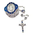 Mini Rosary Gift Set | Over 15 Subjects and Styles | Large Case | Colored Enamel Accents | Christian Jewelry (Saint Benedict - Blue Enamel)