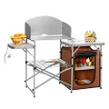 Costway Outdoor Camping Table with Storage, Aluminium Folding Camp Kitchen with Windscreen, Zippered Storage Bag, Carrying Bag, Lightweight & Portable Picnic Grill Table for BBQ, Camping(Coffee)