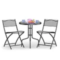 Costway 3-Piece Patio Bistro Set, Outdoor Bistro Table Set with Round Black Tempered Glass Tabletop and 2 Folding Chairs, Outdoor Dining Set for Indoor/Outdoor, Black
