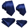 Hi-Tie Father And Son Tie Set Jacquard Woven Silk Necktie Pocket Square Set For Wedding Party Formal Dress Gifts, Navy Solid, Medium
