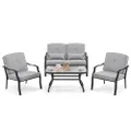 Costway 4 Piece Patio Furniture Set, Outdoor Conversation Set with Seat Back Cushions & Waist Pillows,Tempered Glass Coffee Table, Heavy-Duty Metal Sofa Set for Yard Garden Balcony Poolside