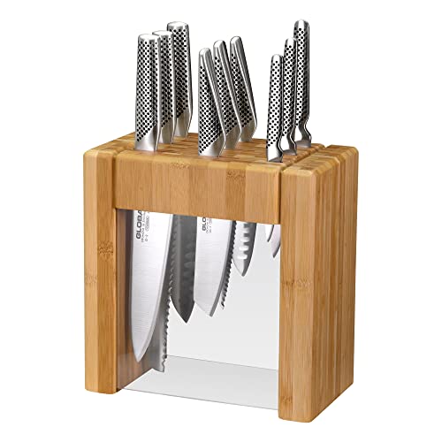 Global Ikasu X 10-Piece Japanese Knife Block Set, Made in Japan, Bamboo Storage Block