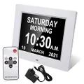 WILD POWER Upgraded Day Date Clock Dementia Clock Digital Alarm Clock, On Time Alarms, Auto Night Dimming, Calendar Clock with Remote Control White