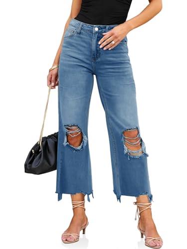 PLNOTME Women's Ripped Cropped Jeans Casual High Waisted Wide Leg Distressed Capri Denim Pants, Light Blue, 12