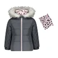 Jessica Simpson Girls' Puffy Winter Coat with Cozy Trimmed Hood, Grey with Hat, 10/12
