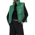 Bozanly Womens PU Leather Quilted Cropped Puffer Vest Zipper Sleeveless Padded Jacket, Green, X-Large