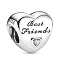 Polished Best Friends Heart Charm 925 Sterling Silver Pendant,Girl Jewellery Beads Gifts for Women Bracelet Necklace, Silver, Cubic Zirconia