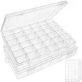 OUTUXED 2pack 36 Grids Clear Plastic Organizer Box Container Craft Storage with Adjustable Dividers for Beads Organizer Art DIY Crafts Jewelry Fishing Tackles with 5 Sheets Label Stickers