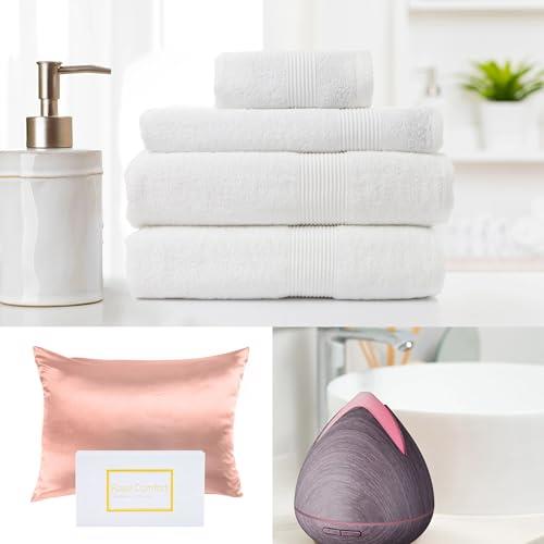 Royal Comfort Home Set 2 x Silk Pillowcases (Blush) + PureSpa Diffuser w/ 3 Oils (Violet) + 4 Piece Towel Set Bundle (White - 2 x Bath Towels, 1 x Hand Towel, 1 x Wash Towel)