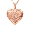 U7 Heart Locket Necklace for Women Girls with Blooming Flower Grain Rose Gold Plated Cable Link Chain Photo Locket Pendant for Mom Grandma