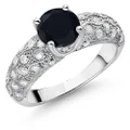 Gem Stone King 925 Sterling Silver Black Onyx and White Moissanite Engagement Ring For Women (1.61 Cttw, Round 7MM, Gemstone December Birthstone, Available In Size 5, 6, 7, 8, 9), Metal gemstone, Onyx