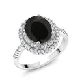 Gem Stone King 925 Sterling Silver Oval Black Onyx and White Moissanite Halo Engagement Ring For Women (2.43 Cttw, Gemstone Birthstone, Available In Size 5, 6, 7, 8, 9), Metal gemstone, Onyx and Moissanite Onyx Moissanite