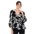 Lovedrobe Women's Women's Wrap Top Peplum V-Neck Long Balloon Sleeve Leaf Print Fit and Flare A-line Smart Casual Blouse, Monochrome, 38