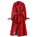 CHARTOU Women Double Breasted Mid Long Trench Coat with Belt Lightweight Windbreaker Long Duster Trenchcoat, Red, Small
