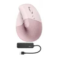 Logitech Lift Vertical Wireless Ergonomic Mouse (Rose) 4 Buttons and Knox Gear 4-Port USB 3.0 Hub Bundle (2 Items)