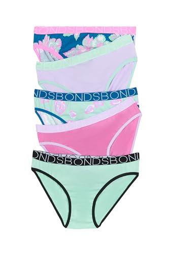 Bonds Girls' Underwear Bikini Brief, Teal/Mint/Pink/Floral (5 Pack), 10/12