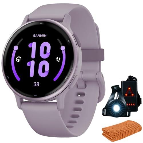 Garmin 010-02862-13 Vivoactive 5 Fitness Smartwatch, Orchid Bundle with Workout Cooling Sport Towel and Deco Essentials Wearable Commuter Front and Rear Safety Light