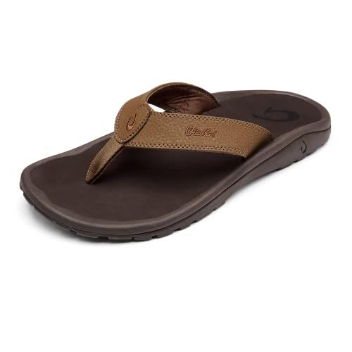 OLUKAI Ohana Men's Beach Sandals, Quick-Dry Flip-Flop Slides, Water Resistant & Lightweight, Compression Molded Footbed & Ultra-Soft Comfort Fit, Tan/Dark Java, 14