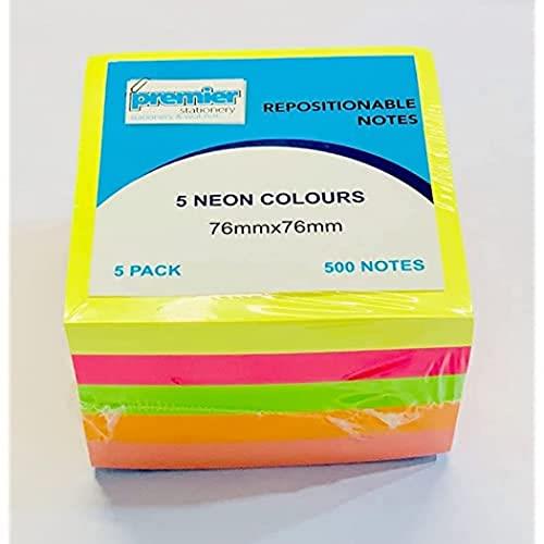 Premier Stationery Sticky Notes Pad, Assorted Neon Colours, 76x76mm, 500 Sheets - Clear, Repositionable, Post-it Notes for Home & Office Use - Sticky Notes Post It Notes