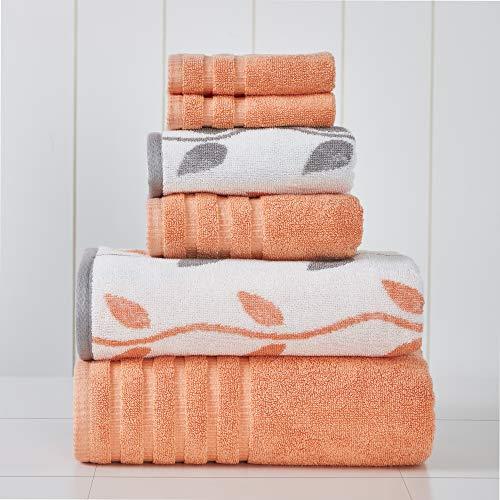 Amrapur Overseas 6-Piece Yarn Dyed Organic Vines Jacquard/Solid Ultra Soft 500GSM 100% Combed Cotton Towel Set [Coral]