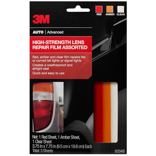 3M Auto High-Strength Lens Repair Film, 3.5 in x 7.75 in, Assorted Sheets: Red/Amber/Clear, Weatherproof & Airtight Seal, Flexible Film Repairs Flat or Curved Lenses on Truck & Car Lights (03345)