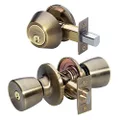 Master Lock Keyed Entry Door Lock, Single Cylinder Deadbolt with Matching Tulip Style Knob, Antique Brass, TUCO0605,Combo
