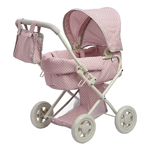 Teamson Kids - Polka Dots Princess Baby Doll Deluxe Stroller with Easy Removable Bassinet & Basket, Baby Doll Pram Girls Gifts, Pink & Gray