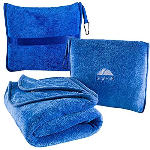BlueHills Premium Soft Travel Blanket Pillow Airplane Blanket Packed in Soft Bag Pillowcase with Hand Luggage Belt and Backpack Clip, Compact Pack Large Blanket for Any Travel (Royal Blue T003)