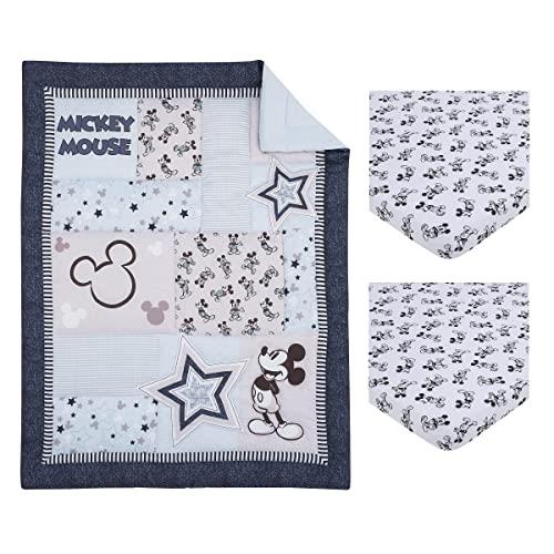 Disney Mickey Mouse Timeless Mickey Gray, White, & Blue Stars & Icons 3Piece Nursery Mini Crib Bedding Set - Comforter & Two Fitted Mini Crib Sheets, Navy, Grey, Black, White