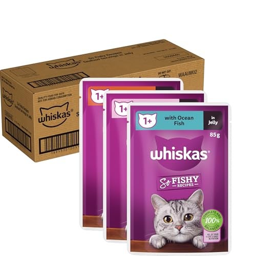 WHISKAS So Fishy Recipes 1+ Years Wet Cat Seafood in Jelly 85g Pouch, 60 Pack