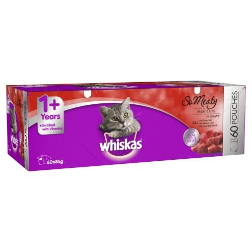 WHISKAS So Meaty Recipes 1+ Years Wet Cat Food with Meat Cuts in Gravy 12 x 85g, 5 Pack (60 Pouches)