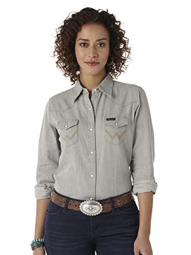 Wrangler Women's Long Sleeve Western Snap Work Shirt, Gray, Medium