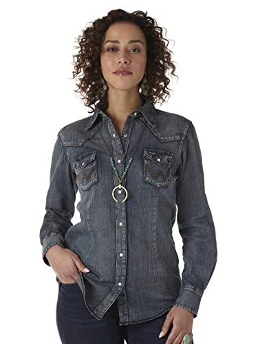Wrangler Women's Long Sleeve Western Snap Work Shirt, Denim, Medium