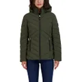 Nautica Women's Short Stretch Lightweight Puffer Jacket with Removeable Hood, Military Green, Medium