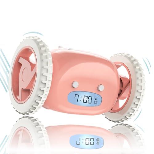 CLOCKY Super Extra Loud Alarm Clock for Heavy Sleepers on Wheels (Adults Kids Teens Bedroom) Run Away Moving Cute Annoying Jump Roll, 1-Time Snooze, Digital, Wake Up Energized -Funny Gift (Pink)