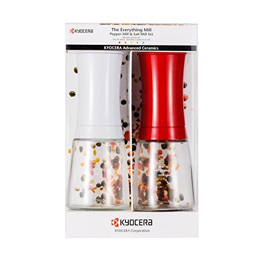 Kyocera 2 Piece Pepper/Salt/Seed/Spice Everything Mill Set with Adjustable Advanced Ceramic Grinder 3.5" H x 4.8" W x 7.9" L Brilliant White/Candy Apple Red
