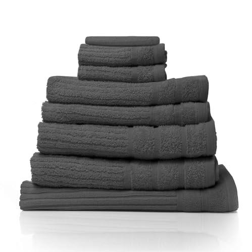 Royal Comfort Luxury Bath Towels Set Egyptian Cotton 600GSM Ultra Soft And Absorbent - 2 x Bath Towels, 2 x Hand Towels, 2 x Face Towels, 1 x Bath Mat, 1 x Hand Glove (Granite, 8 Piece Set)
