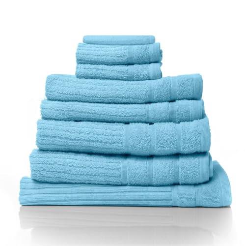 Royal Comfort Luxury Bath Towels Set Egyptian Cotton 600GSM Ultra Soft And Absorbent - 2 x Bath Towels, 2 x Hand Towels, 2 x Face Towels, 1 x Bath Mat, 1 x Hand Glove (Aqua, 8 Piece Set)