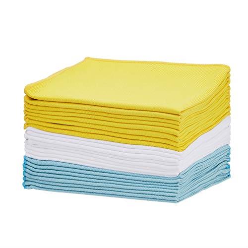 Amazon Basics Blue ,Yellow and White Microfiber Glass Fabric Cleaning Cloth, 24-Pack