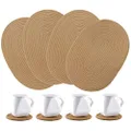 Set of 4 Oval Jute Woven Placemats and Set of 4 Round Fabric Coasters, Heat-Resistant Non-Slip Table Mats for Dining Kitchen Table (Brown)